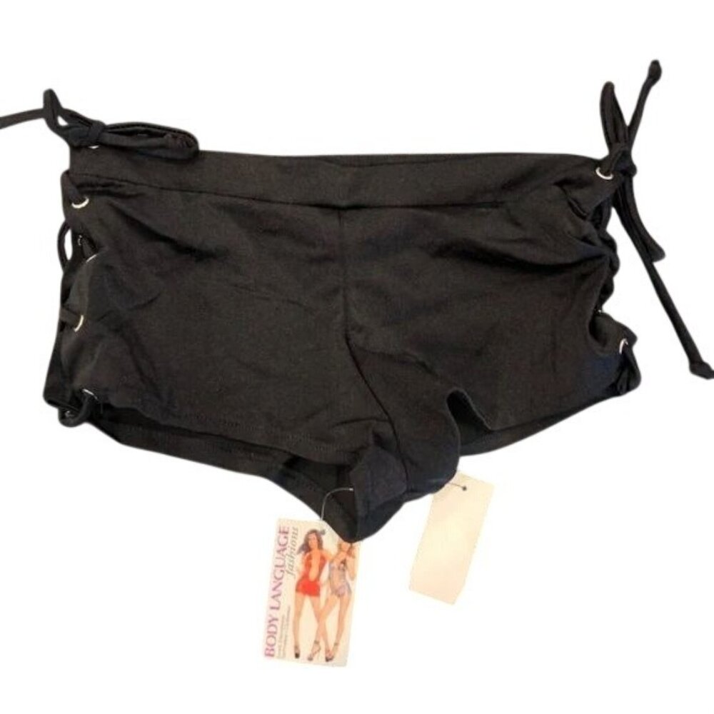 Body Language Black Lace-Up Adjustable Boy Short With Silver Grommets O/S